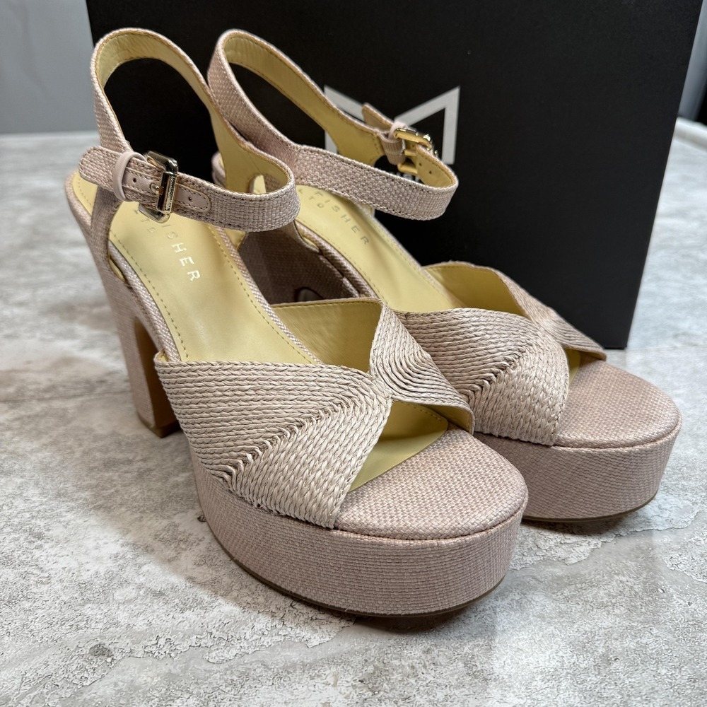 Marc Fisher Starla Sandals Women 8.5 Light Pink Platform Woven Block Heel